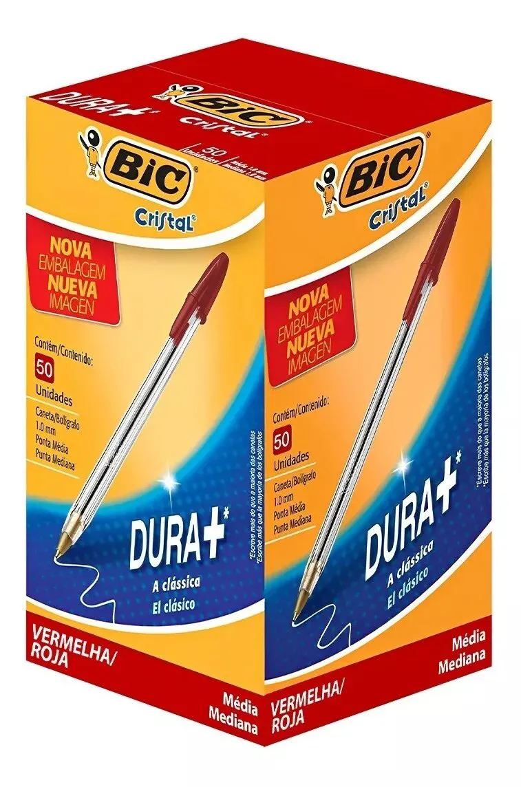 Caneta Esferográfica Bic Cristal Vermelho Dura+ – Caixa com 50 unidades