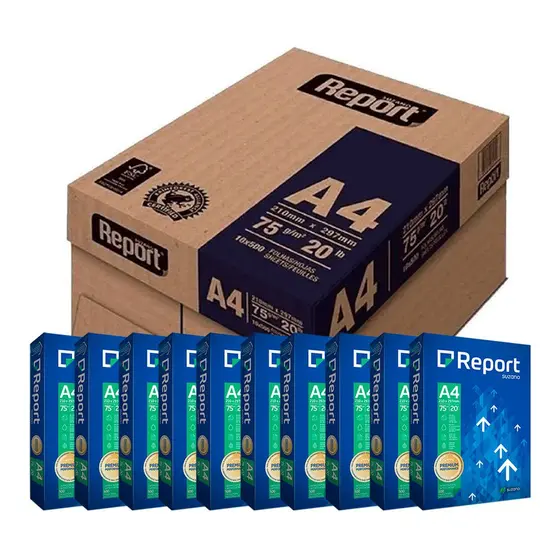 Papel Sulfite A4 Report 75g – Caixa com 10 Resmas – 5000 Folhas