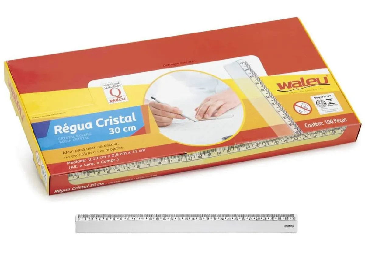 Régua Plástica 30 Cm Transparente Waleu – Caixa com 100 Unidades