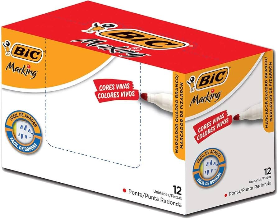 Pincel Marcador BIC Marking Recarregável Ponta Redonda Vermelho – Caixa com 12 unidades